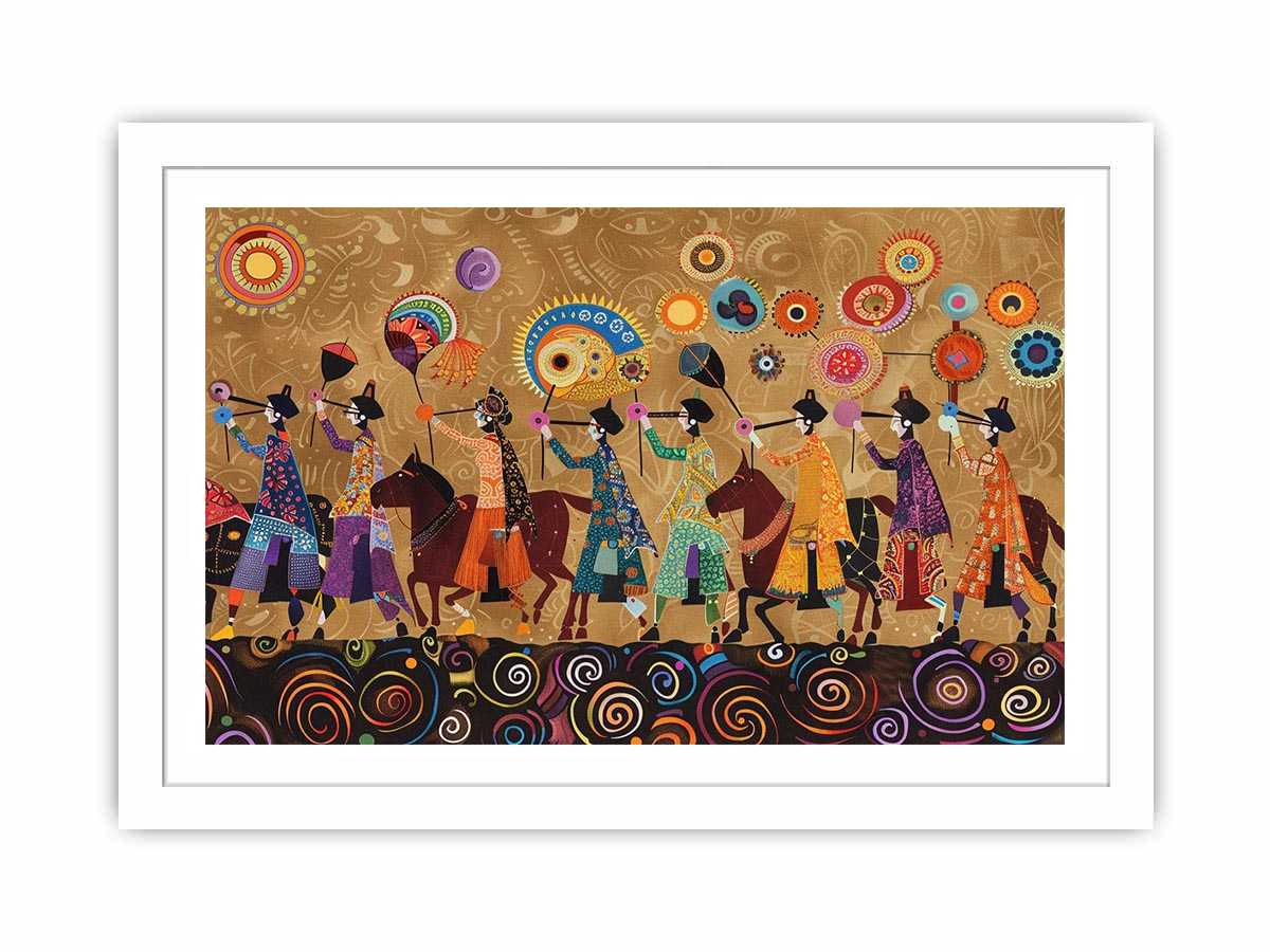 Colorful cultural procession Canvas Print with horses and folk patterns