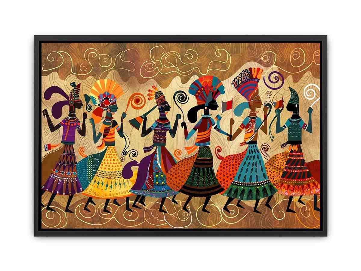Colorful cultural dance artwork with patterned figures