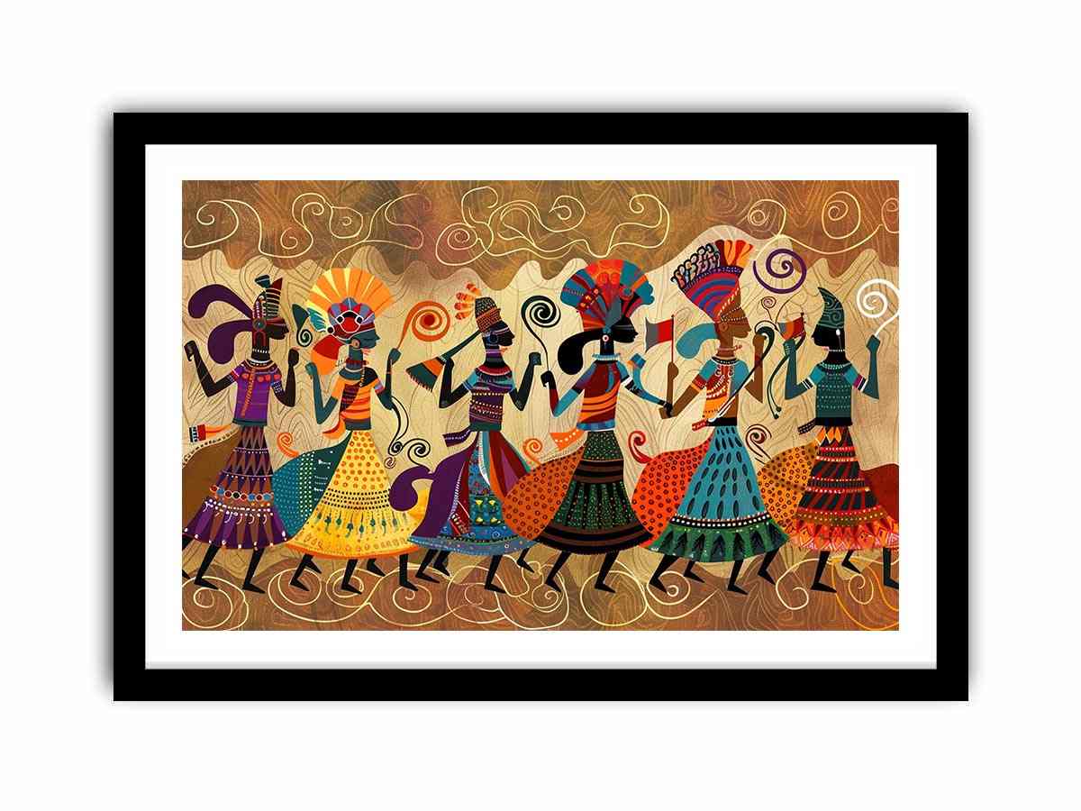 Colorful cultural dance artwork with patterned figures