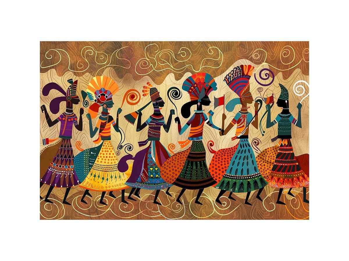 Colorful cultural dance artwork with patterned figures for modern living room decor