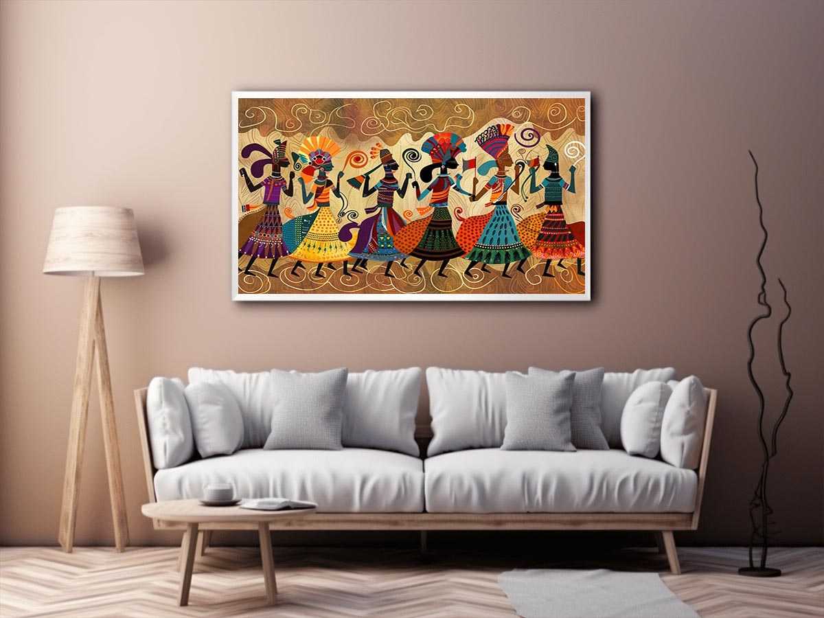 Colorful cultural dance artwork with patterned figures