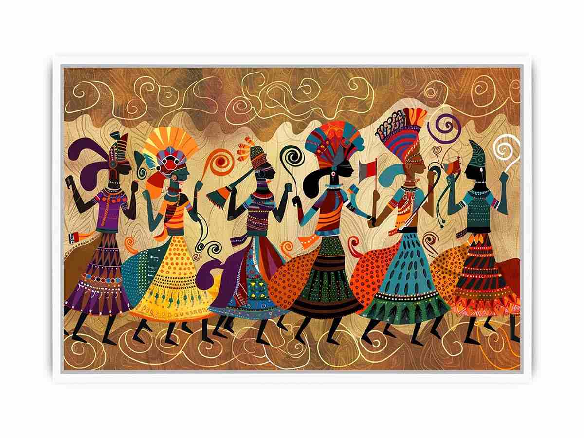 Colorful cultural dance artwork with patterned figures