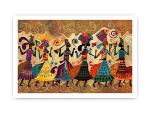 Colorful cultural dance artwork with patterned figures