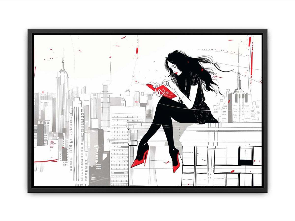 Fashion illustration Canvas Print with red accents and city skyline