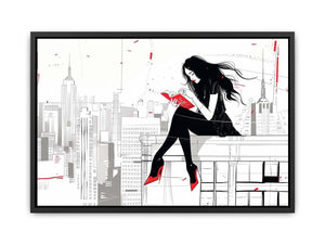 Fashion illustration Canvas Print with red accents and city skyline