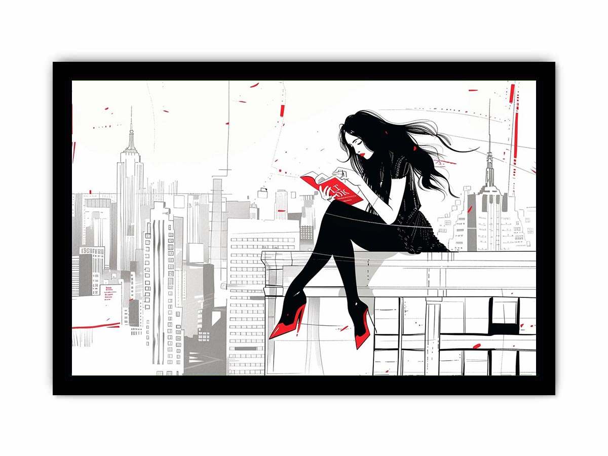 Fashion illustration Canvas Print with red accents and city skyline
