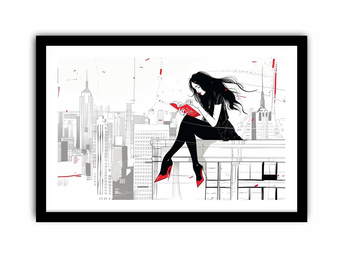 Fashion illustration Canvas Print with red accents and city skyline