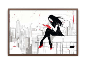 Fashion illustration Canvas Print with red accents and city skyline