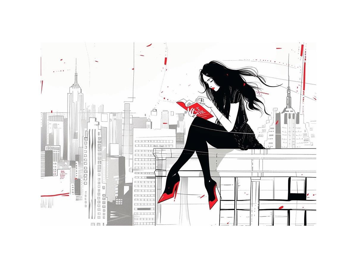 Fashion illustration Canvas Print with red accents and city skyline