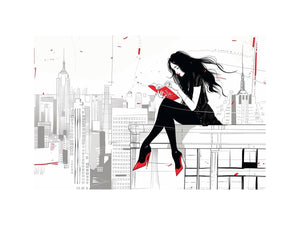 Fashion illustration Canvas Print with red accents and city skyline