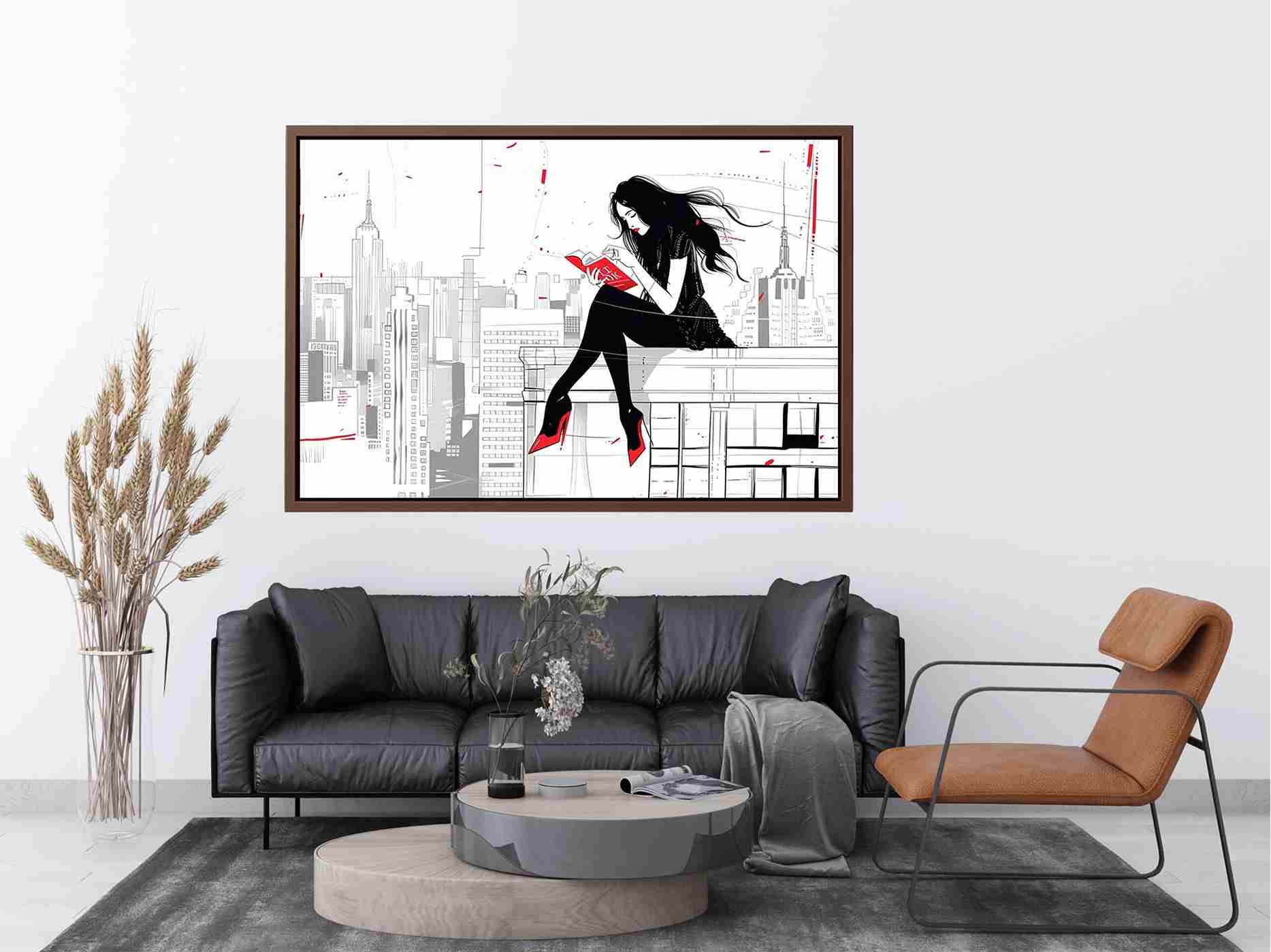 Fashion illustration Canvas Print with red accents and city skyline