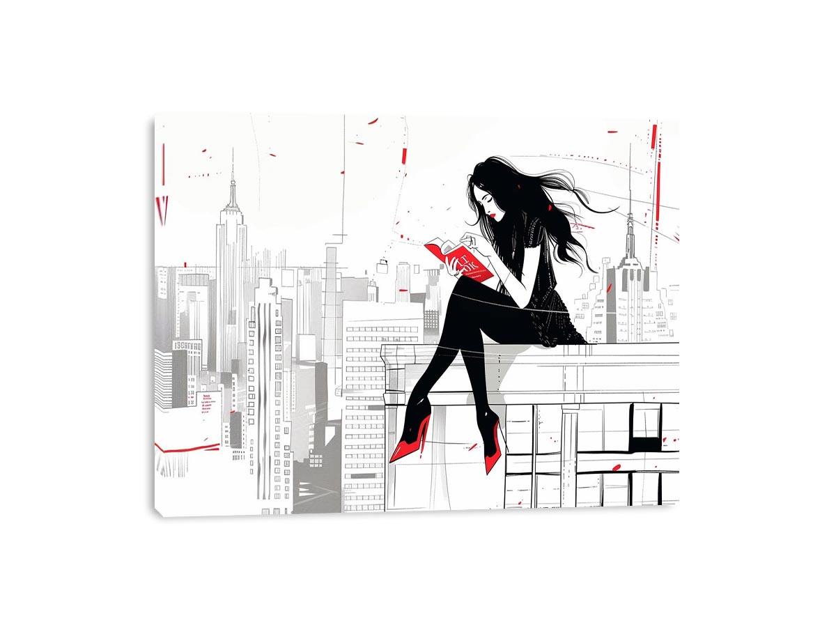 Fashion illustration Canvas Print with red accents and city skyline