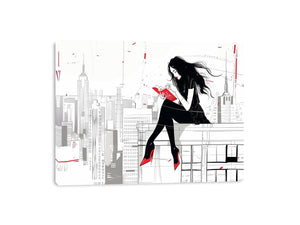 Fashion illustration Canvas Print with red accents and city skyline