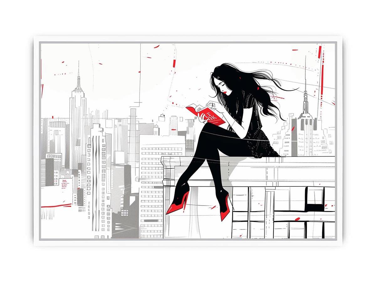 Fashion illustration Canvas Print with red accents and city skyline