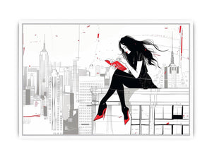 Fashion illustration Canvas Print with red accents and city skyline