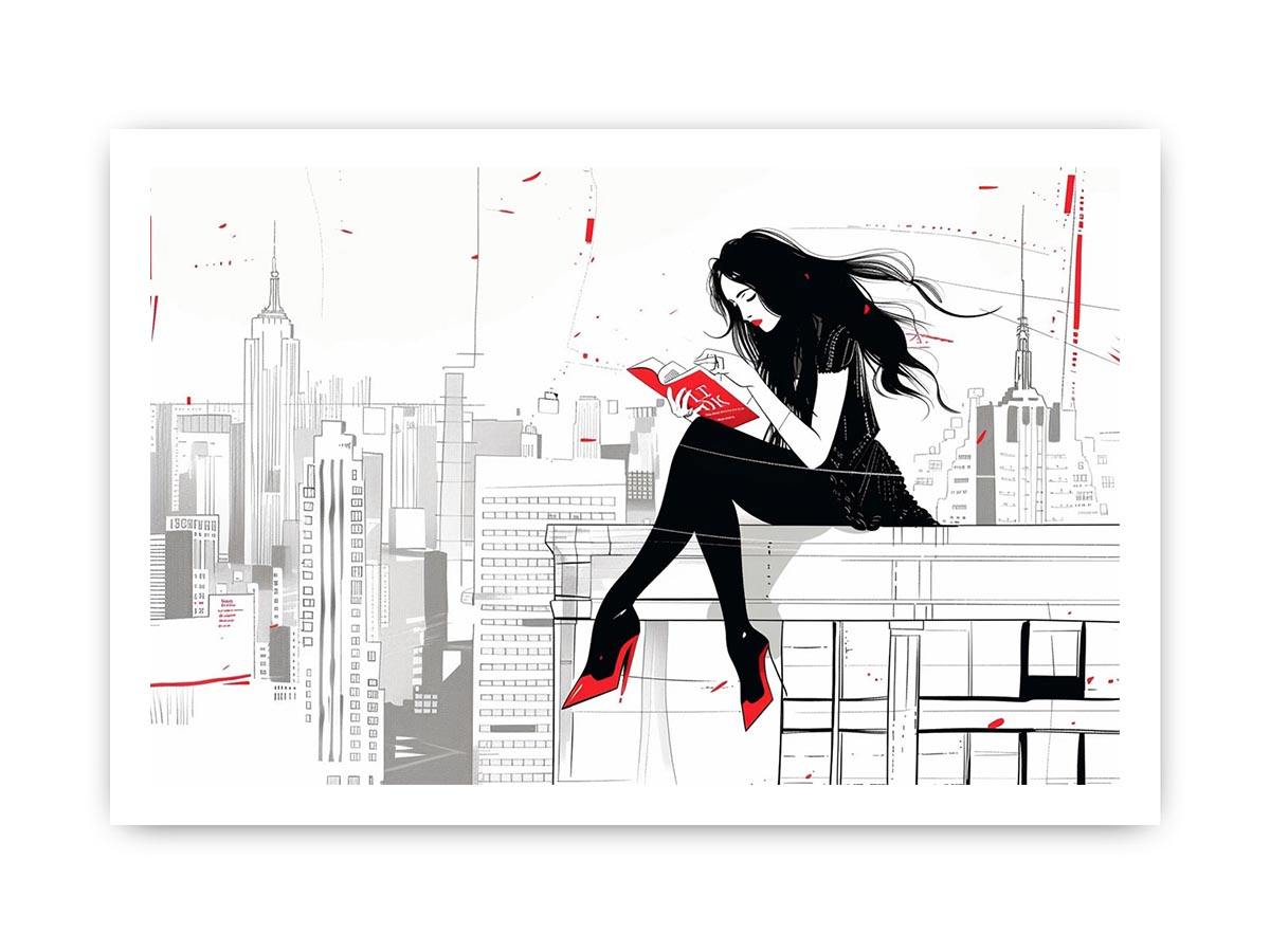 Fashion illustration Canvas Print with red accents and city skyline
