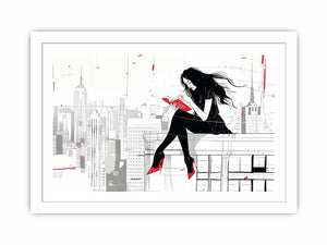 Fashion illustration Canvas Print with red accents and city skyline