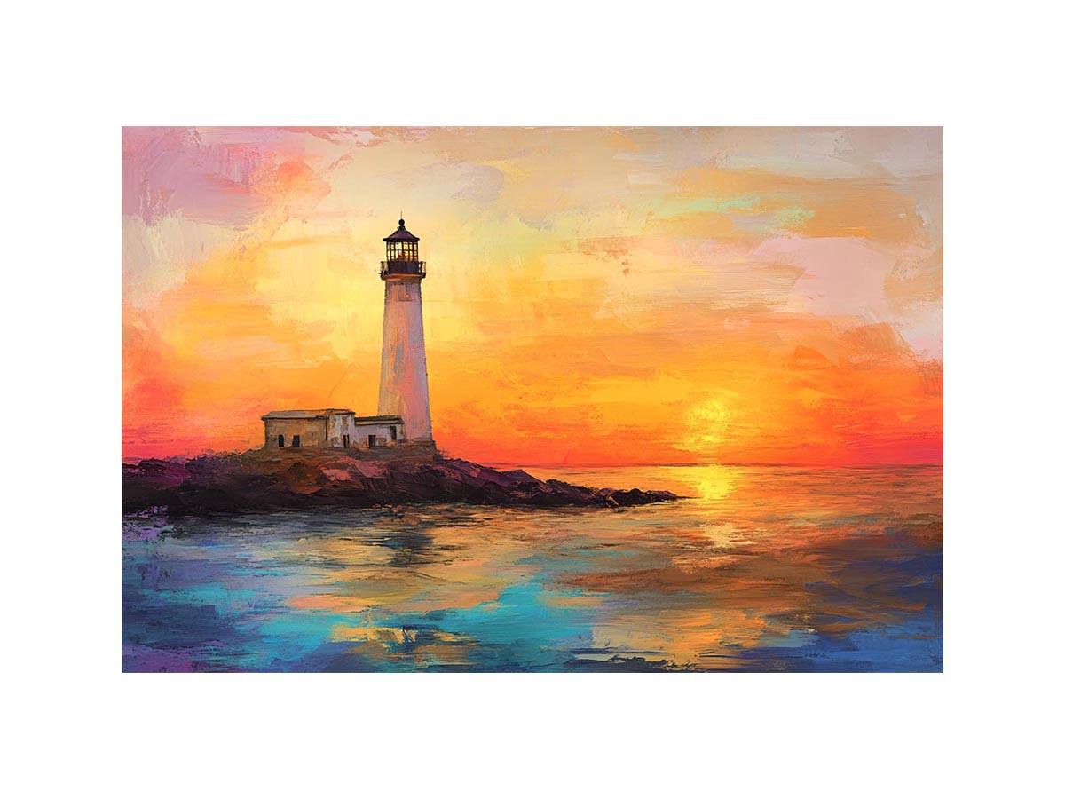 Sunset lighthouse Canvas Print with ocean reflections