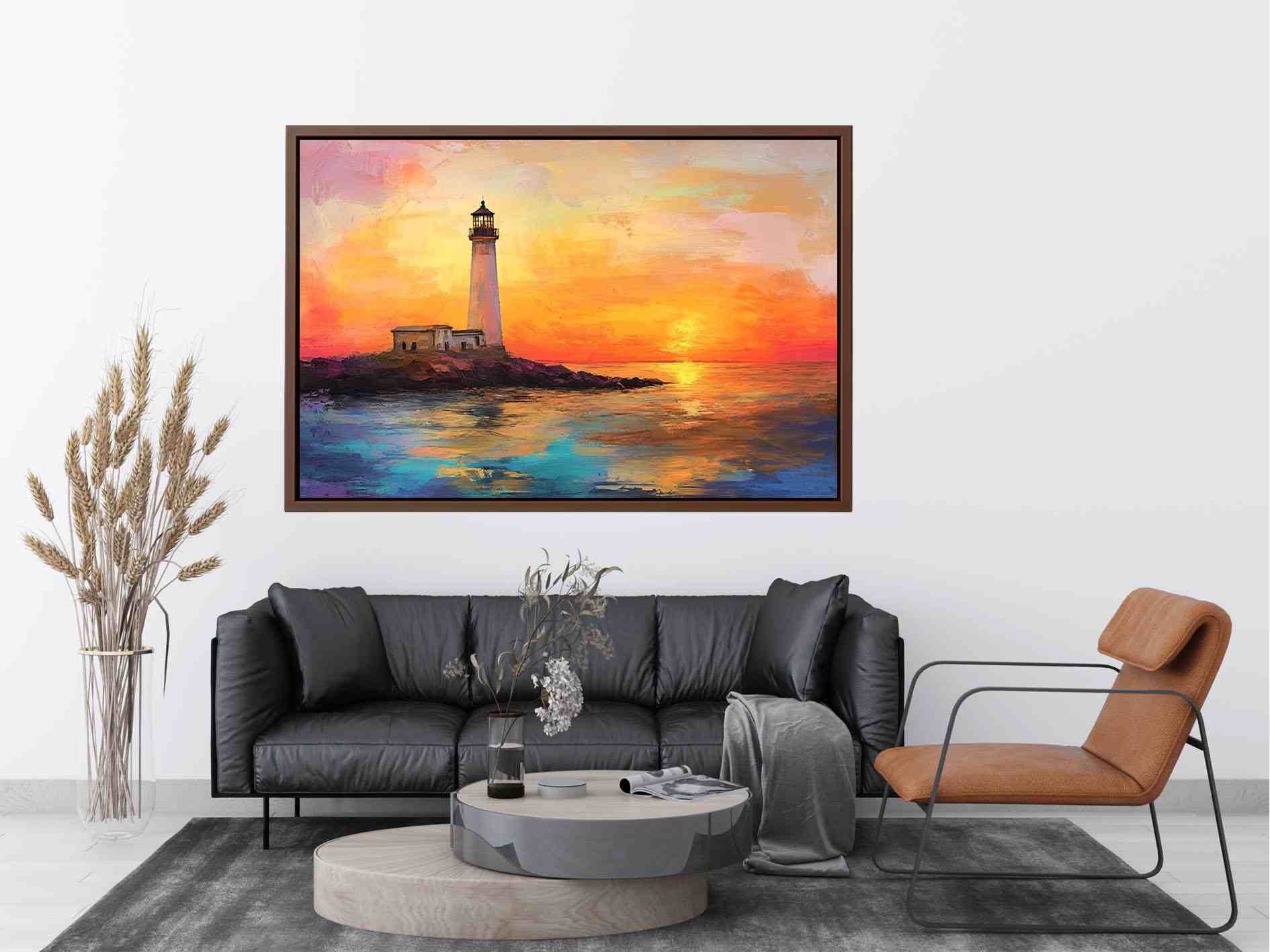 Sunset lighthouse Canvas Print with ocean reflections