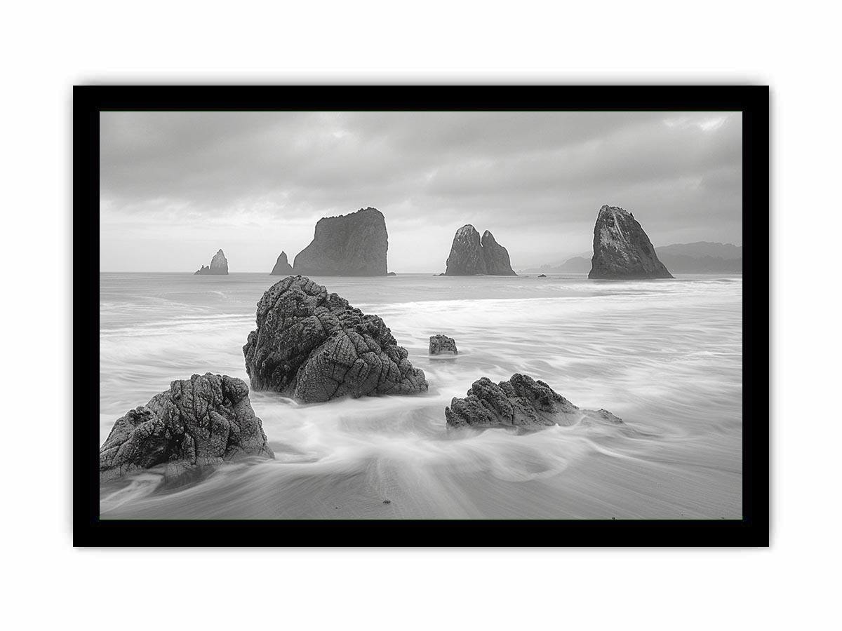 Black and white coastal landscape