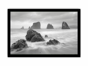 Black and white coastal landscape