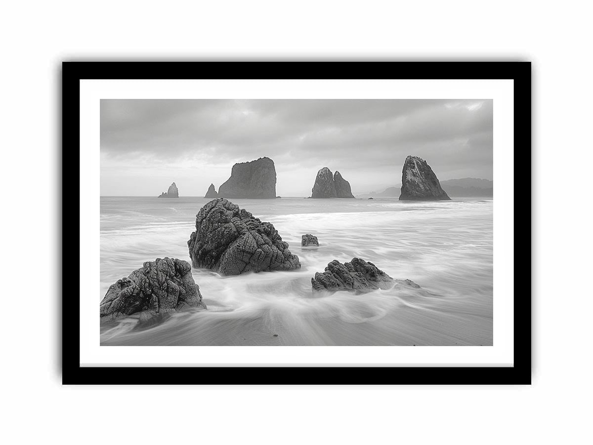 Black and white coastal landscape