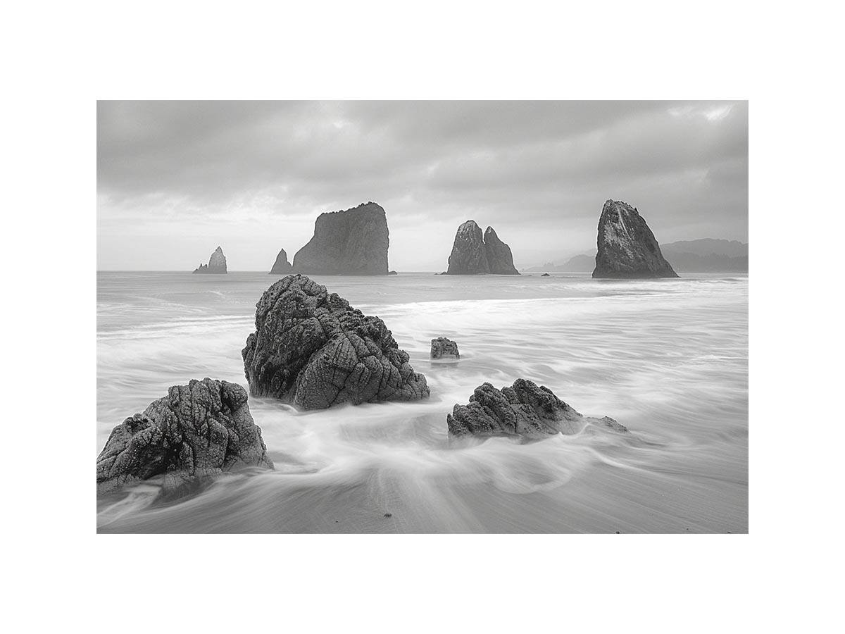 Black and white coastal landscape