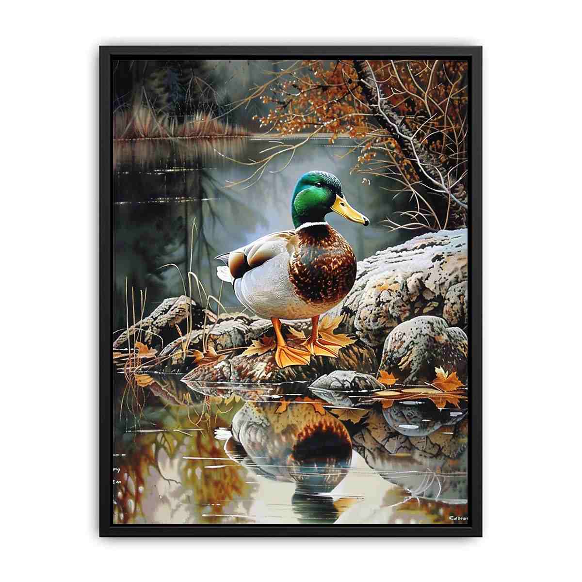 Duck by lakeside reflection artwork
