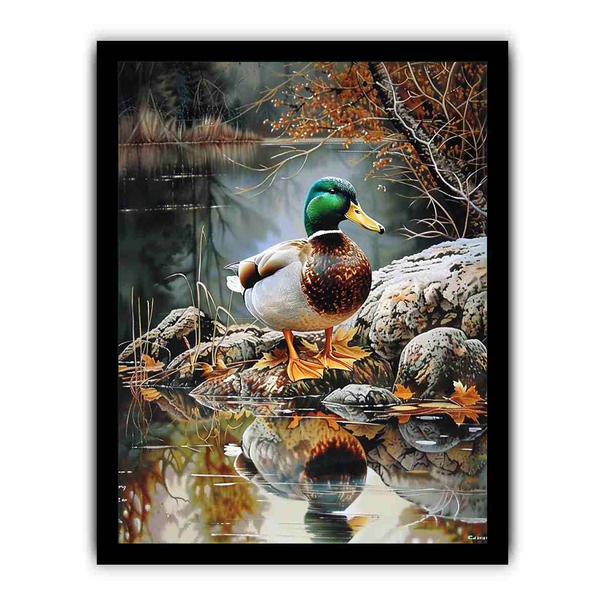 Duck by lakeside reflection artwork