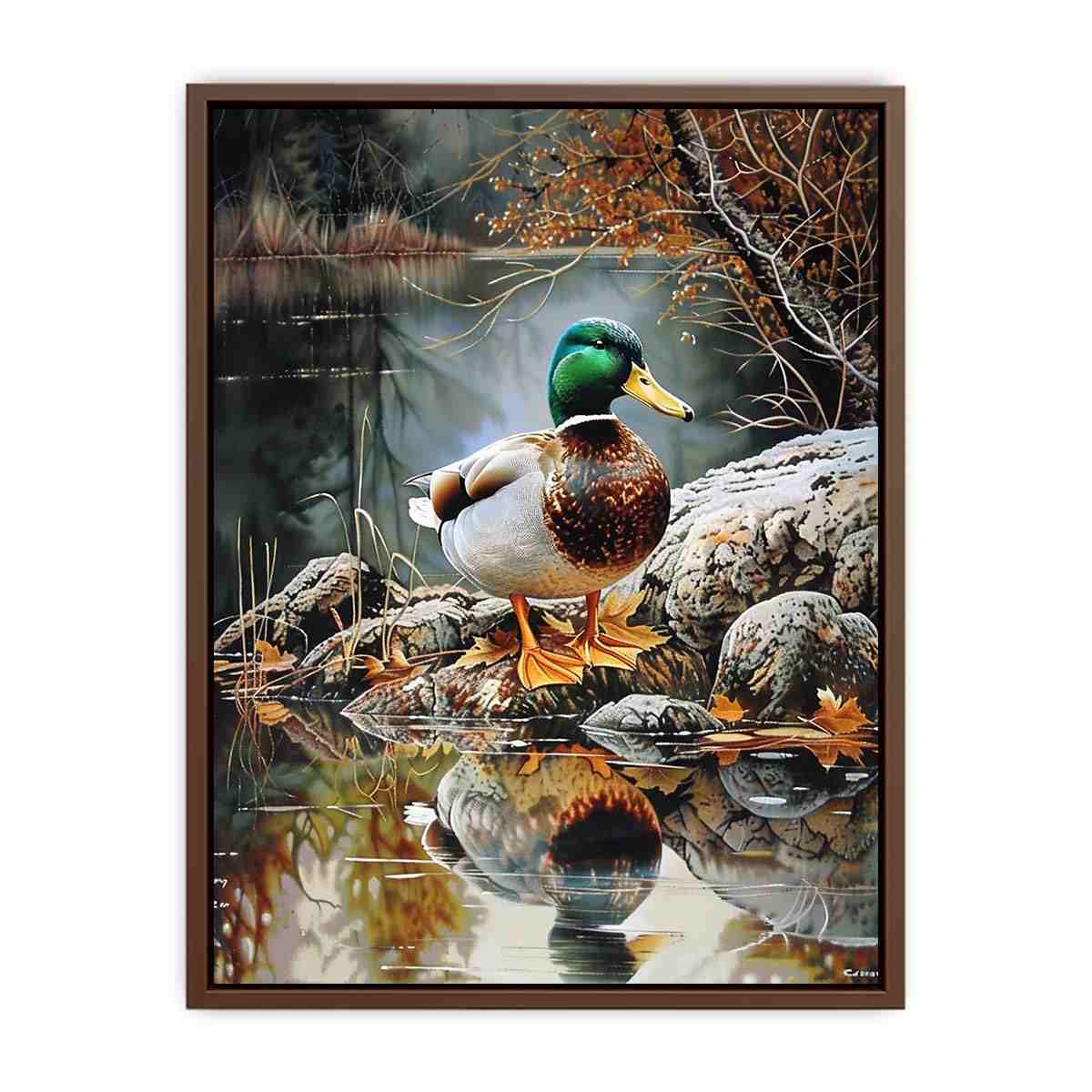 Duck by lakeside reflection artwork
