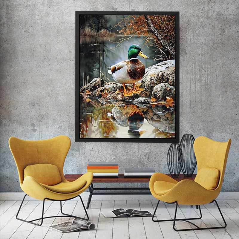 Duck by lakeside reflection artwork