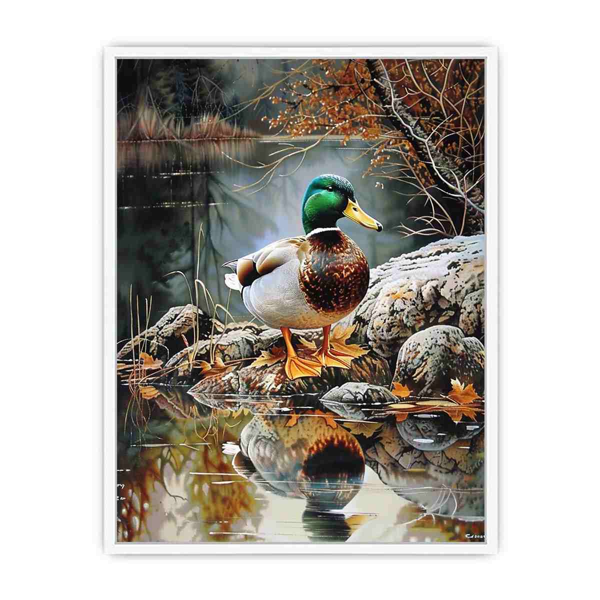 Duck by lakeside reflection artwork
