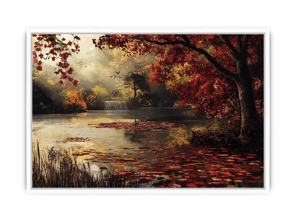 Autumn lake and waterfall landscape Canvas Print