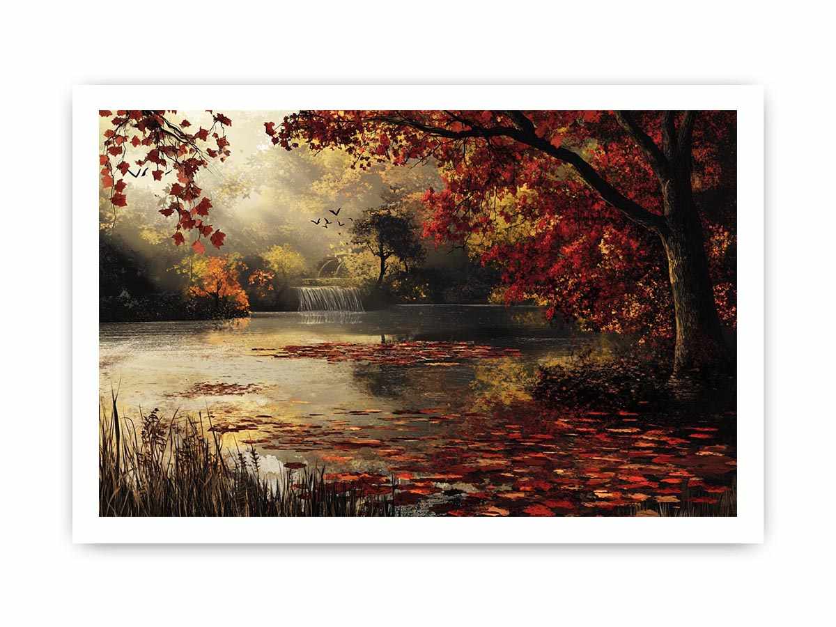Autumn lake and waterfall landscape Canvas Print