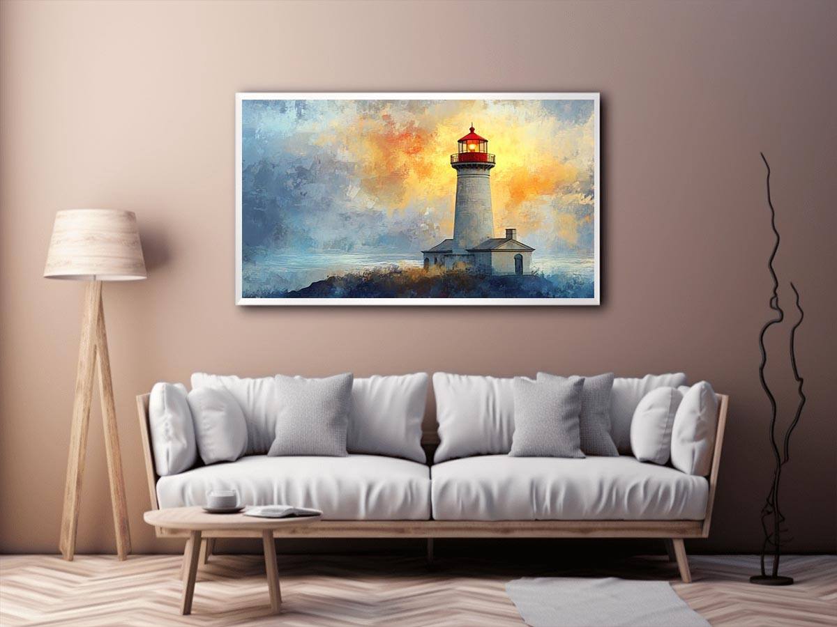 Modern lighthouse Canvas Print with blue and gold coastal fog