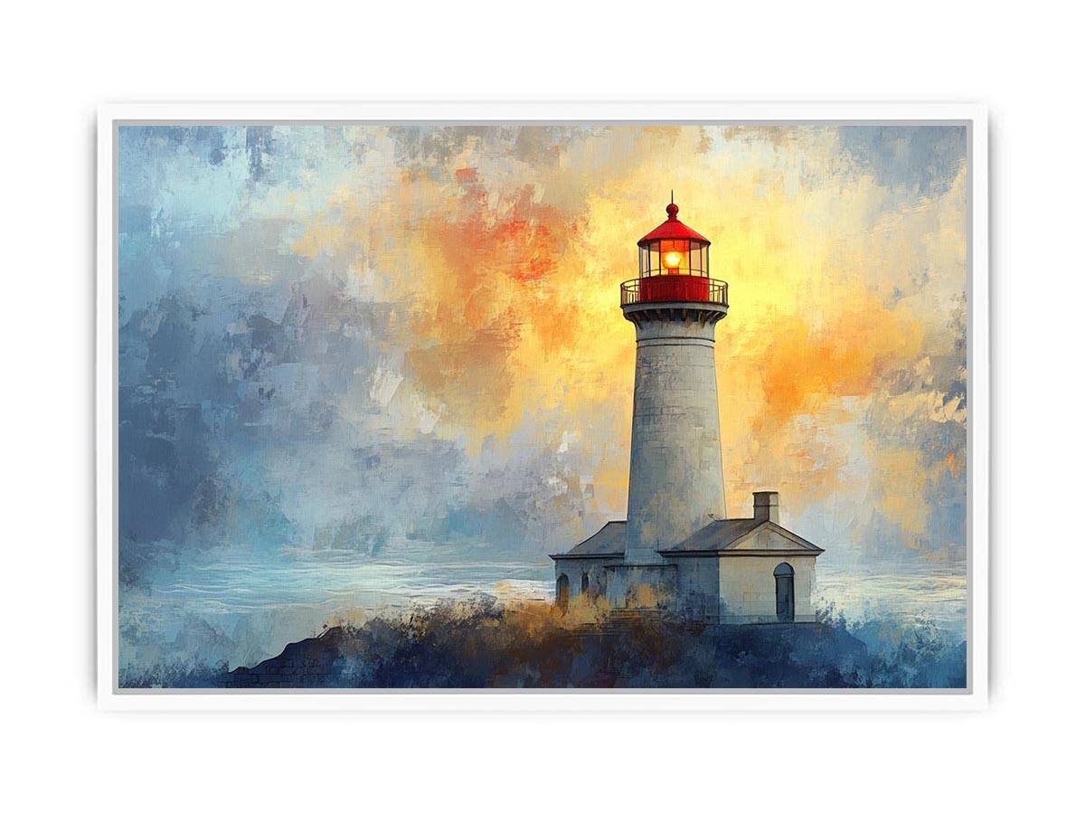 Modern lighthouse Canvas Print with blue and gold coastal fog