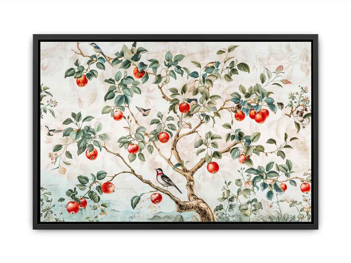 Botanical apple tree and bird artwork