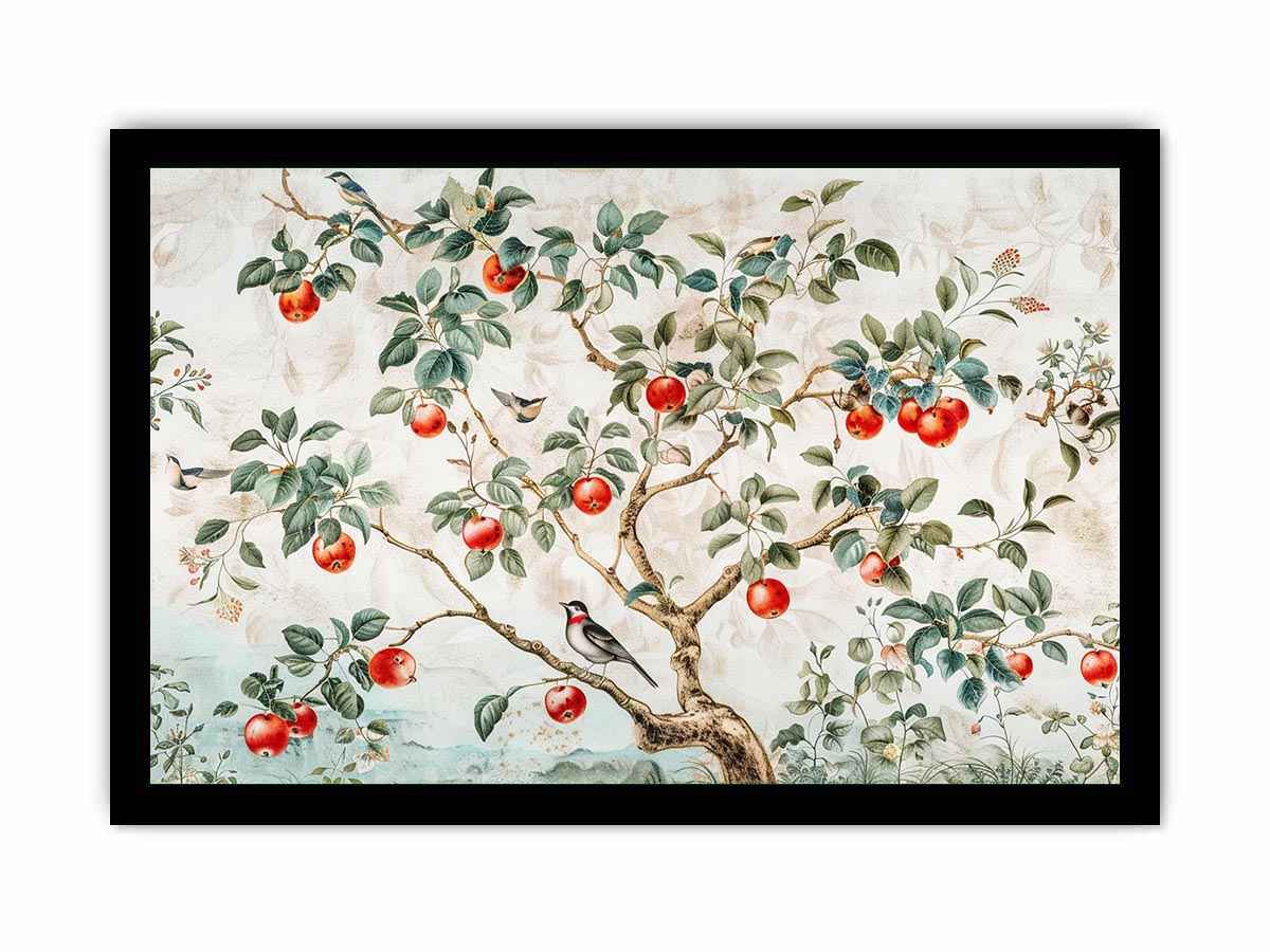 Botanical apple tree and bird artwork