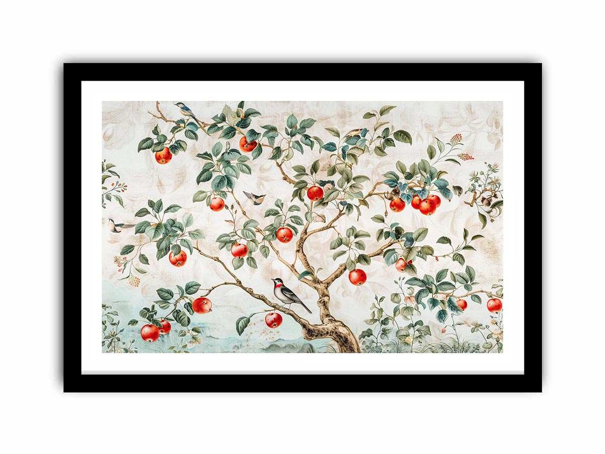 Botanical apple tree and bird artwork
