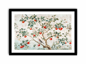 Botanical apple tree and bird artwork