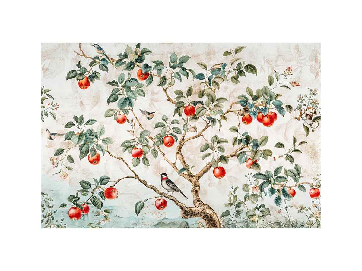 Botanical apple tree and bird artwork