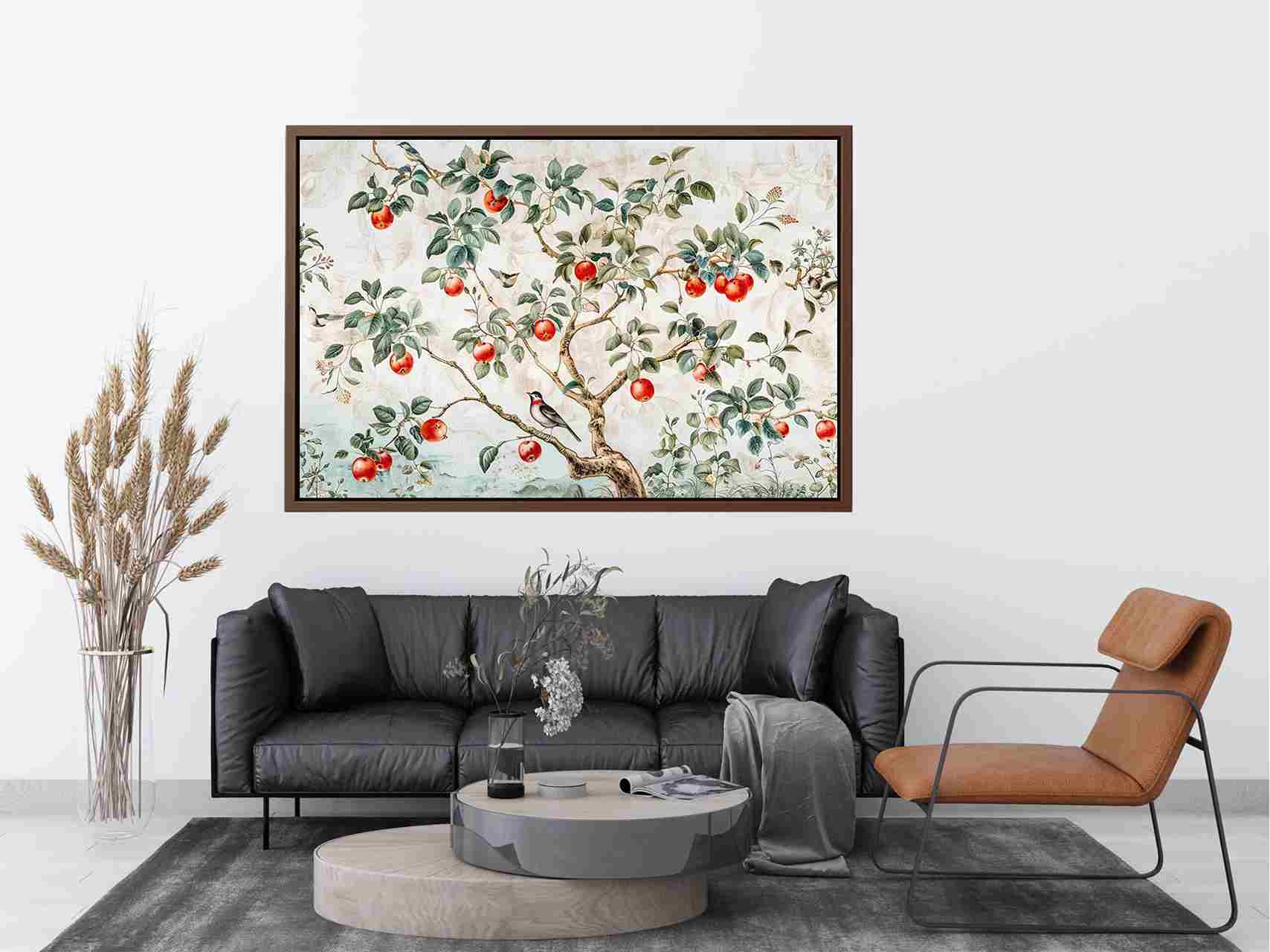 Botanical apple tree and bird artwork