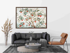 Botanical apple tree and bird artwork