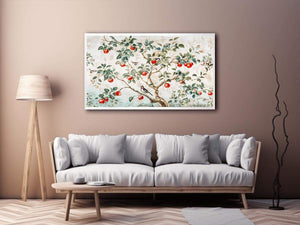 Botanical apple tree and bird artwork