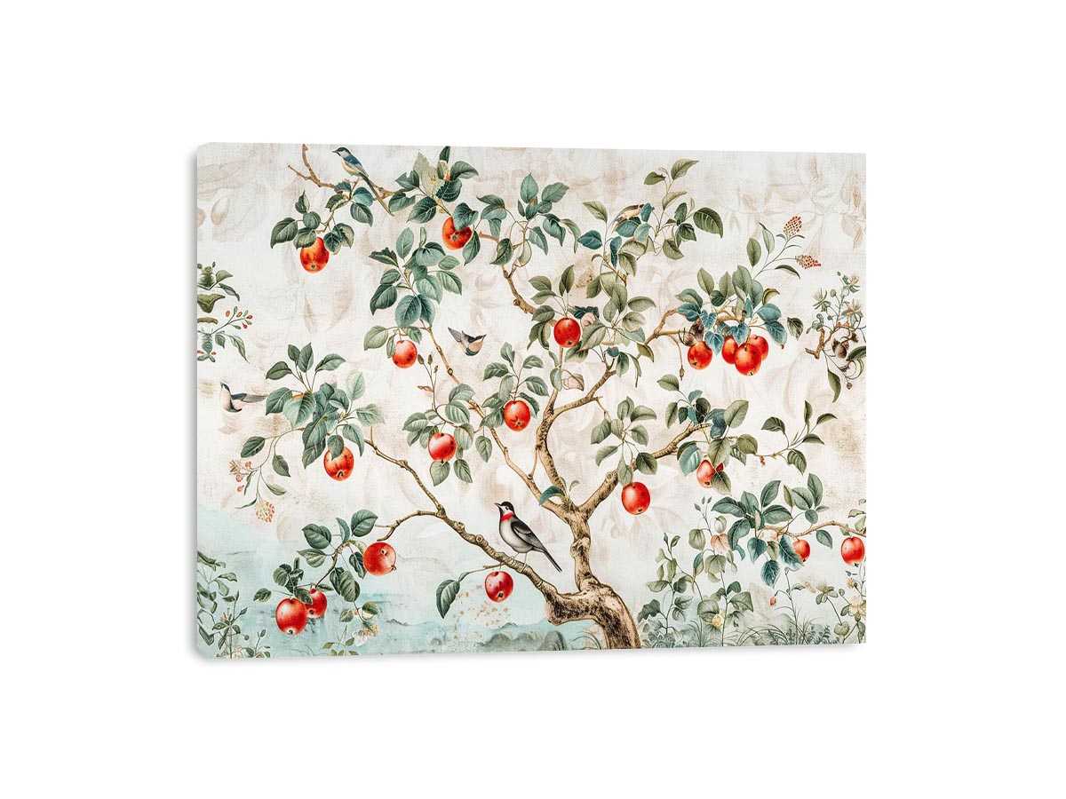 Botanical apple tree and bird artwork