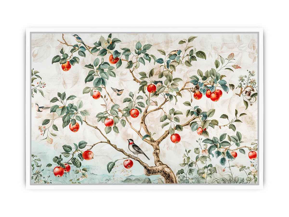 Botanical apple tree and bird artwork