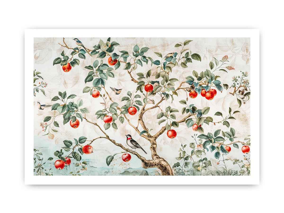 Botanical apple tree and bird artwork