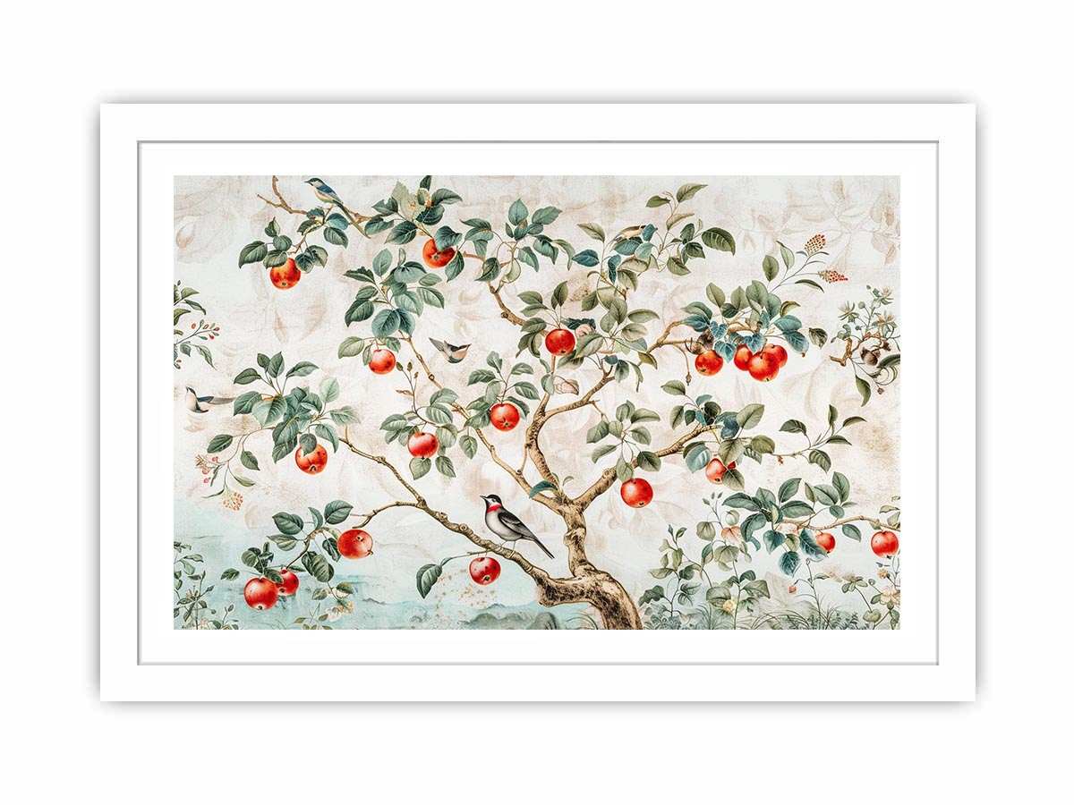 Botanical apple tree and bird artwork