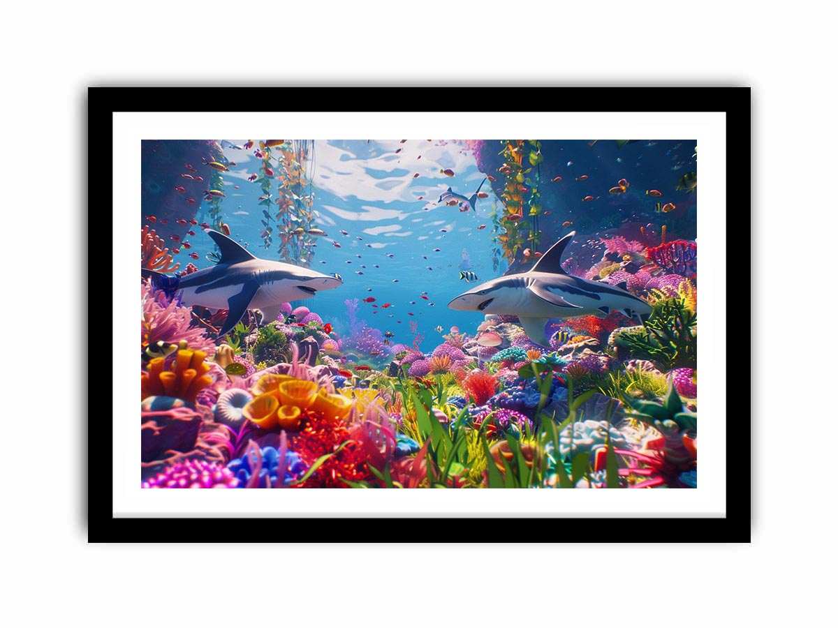 Colorful shark reef Canvas Print with tropical marine life and vibrant coral