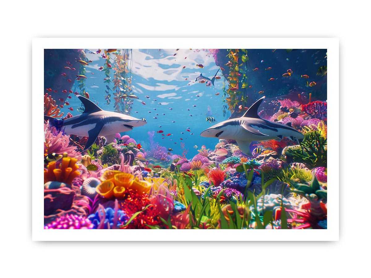 Colorful shark reef Canvas Print with tropical marine life and vibrant coral